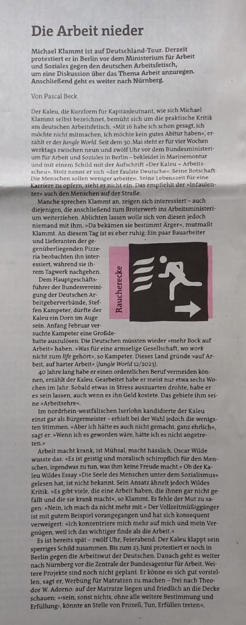 Wochenzeitung : Jungle World / Berlin :  Die Arbeit nieder am 22.06.23